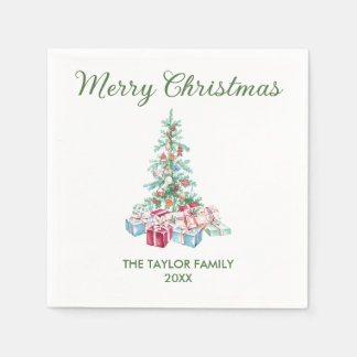 Modern Watercolor Christmas Tree & Gifts Party Napkin