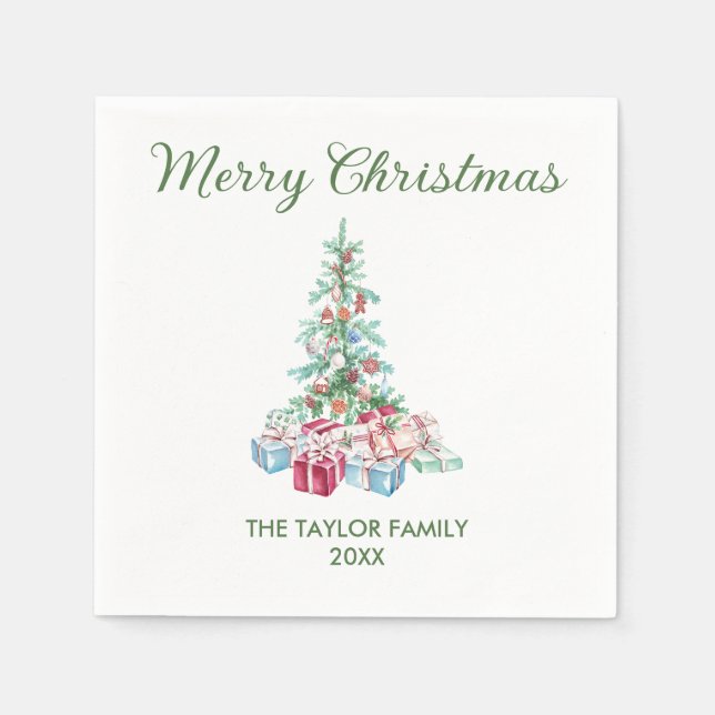 Modern Watercolor Christmas Tree & Gifts Party Napkin (Front)