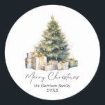 Modern Watercolor Christmas Tree Non Photo Classic Round Sticker<br><div class="desc">Modern Watercolor Christmas Tree Non Photo Holiday Card</div>