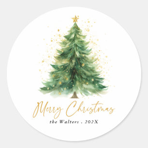 Modern Watercolor Christmas Tree Non Photo Classic Round Sticker