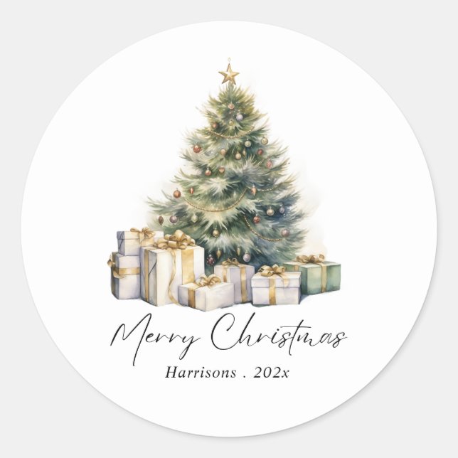 Modern Watercolor Christmas Tree Non Photo Classic Round Sticker (Front)