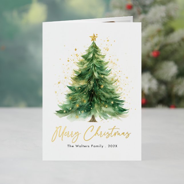 Modern Watercolor Christmas Tree Non Photo Foil Holiday Card (Holiday In Situ)