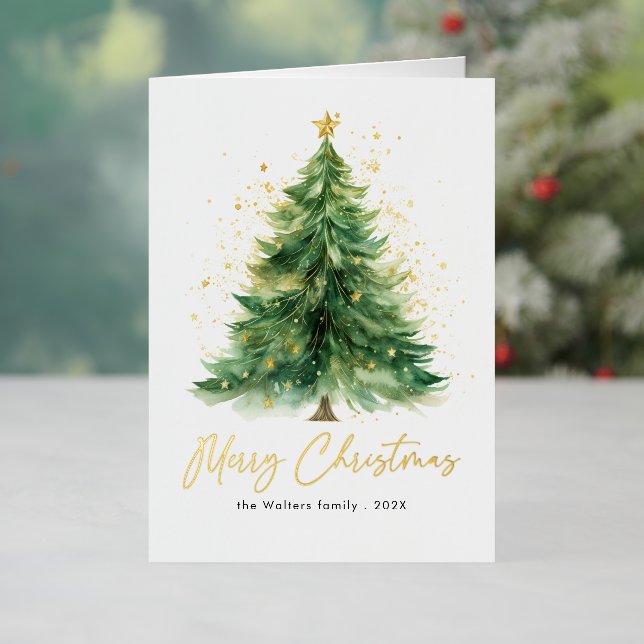 Modern Watercolor Christmas Tree Non Photo Foil Holiday Card (Holiday In Situ)