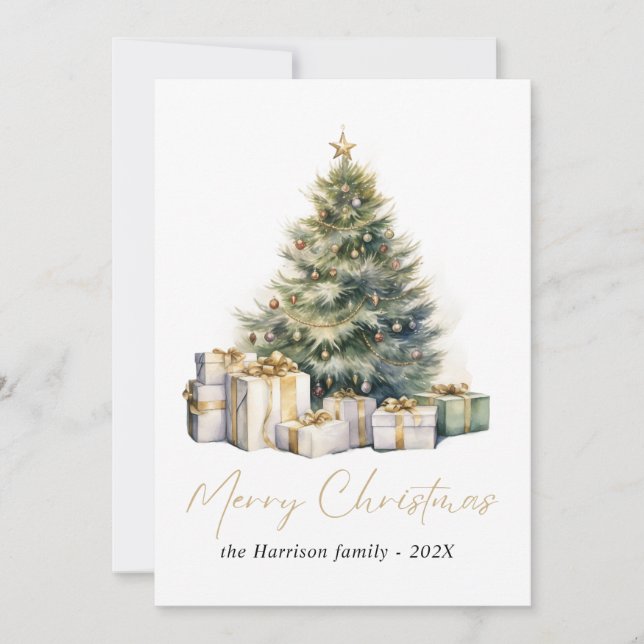 Modern Watercolor Christmas Tree Non Photo Holiday Card (Front)