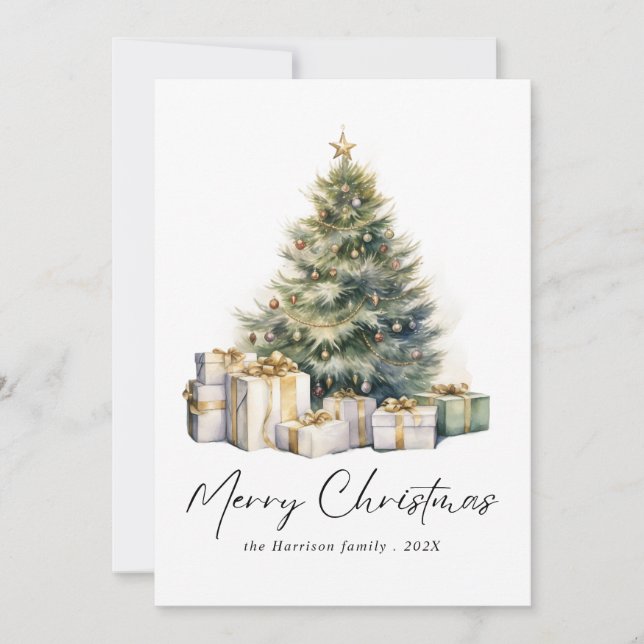 Modern Watercolor Christmas Tree Non Photo Holiday Card (Front)