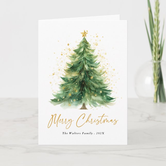 Modern Watercolor Christmas Tree Non Photo Holiday Card (Front)