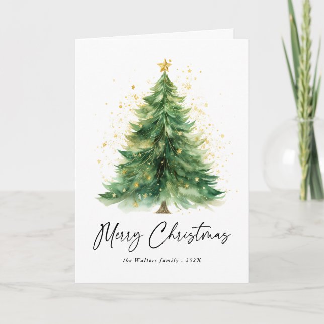 Modern Watercolor Christmas Tree Non Photo Holiday Card (Front)