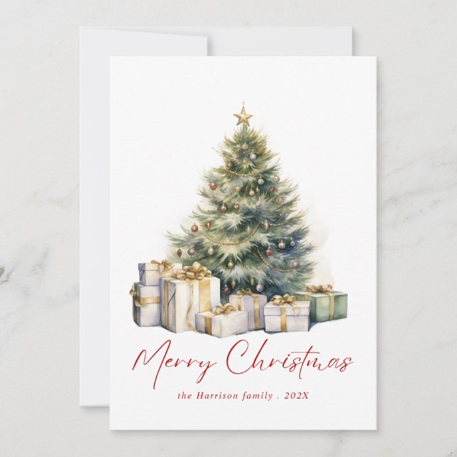 Modern Watercolor Christmas Tree Non Photo Holiday Card (Front)