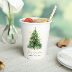 Modern Watercolor Christmas Tree Non Photo Paper Cups