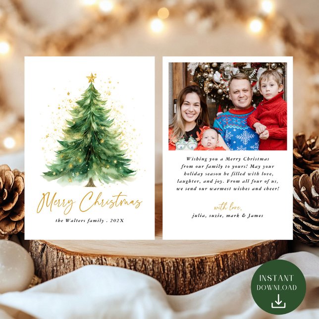 Modern Watercolor Christmas Tree Photo Holiday Card (Creator Uploaded)