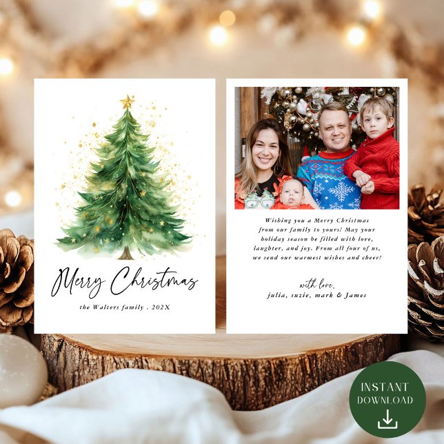 Modern Watercolor Christmas Tree Photo Holiday Card (Creator Uploaded)