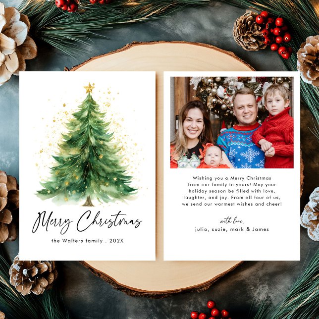 Modern Watercolor Christmas Tree Photo Holiday Card (Creator Uploaded)