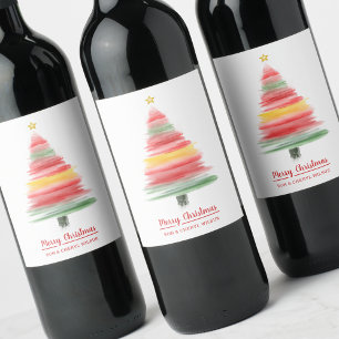 Modern Watercolor Christmas Tree Wine Label
