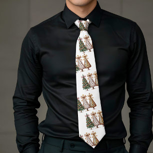 Modern watercolor Christmas trees green gold tie