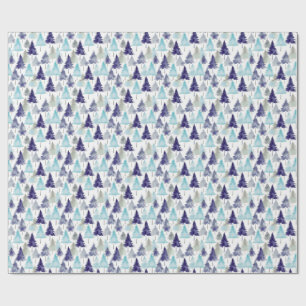 Modern Watercolor Christmas Trees Patterned Blue Wrapping Paper
