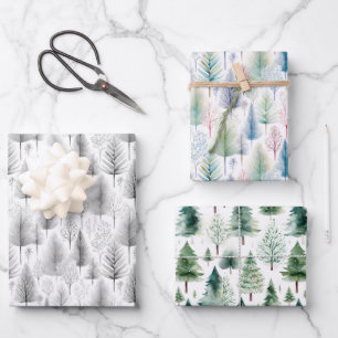 Modern Watercolor Christmas Trees Winter Forest Wrapping Paper Sheet