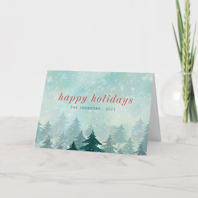 Modern Watercolor Christmas Winter Snow Forest Holiday Card (Front)