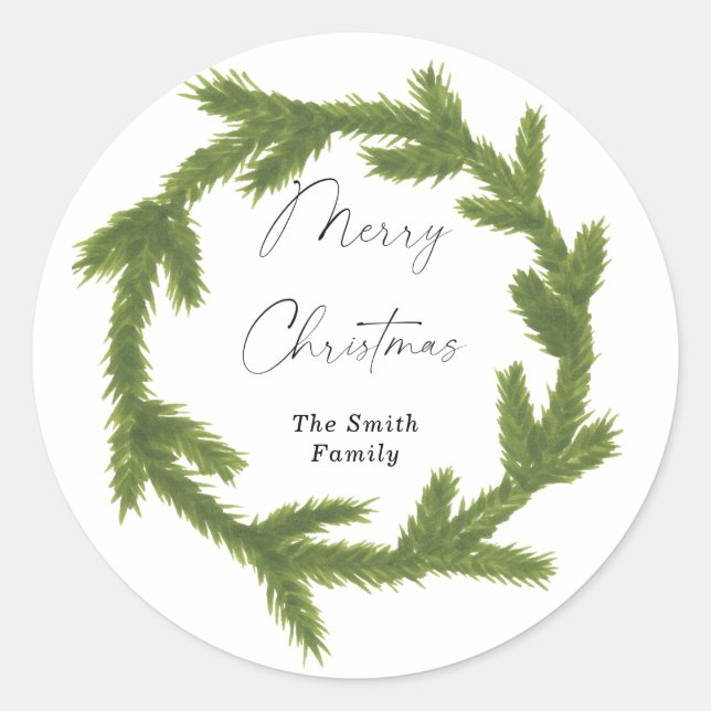 Modern Watercolor Christmas Wreath Classic Round Sticker (Front)