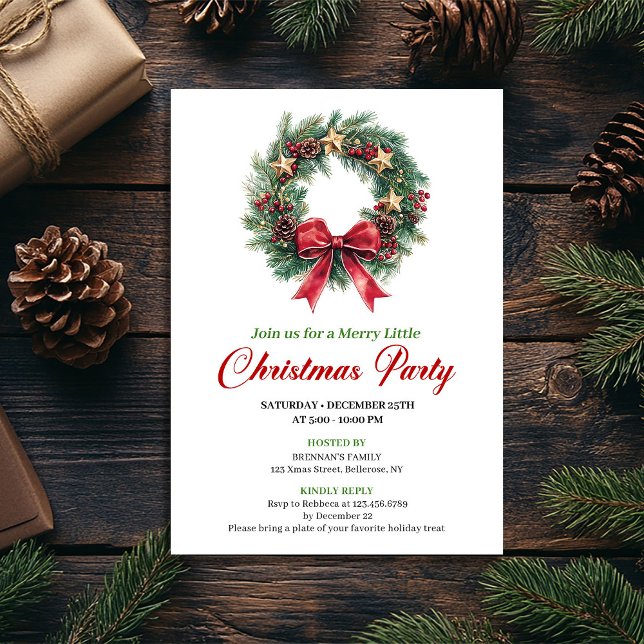 Modern Watercolor Christmas Wreath Party Card (Modern Watercolor Christmas Wreath Party Card)