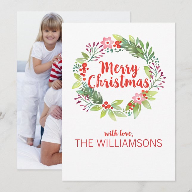 Modern Watercolor Christmas Wreath Photo Holiday Card (Front/Back)