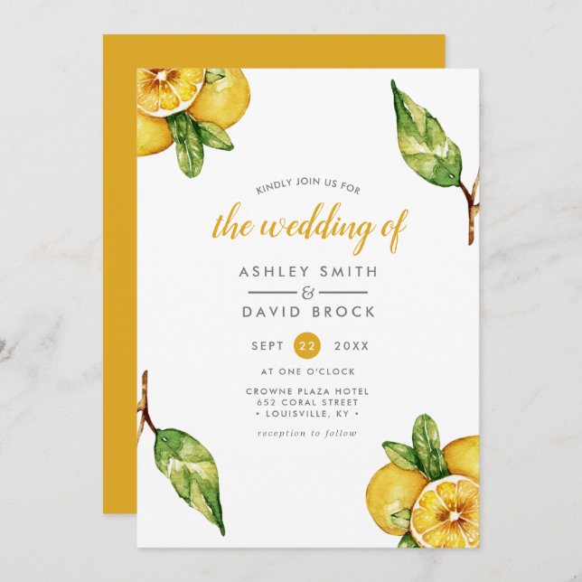 Modern Watercolor Citrus Lemon Wedding Invitation (Front/Back)