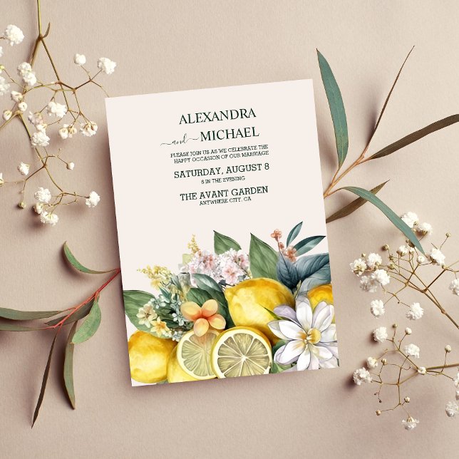 Modern Watercolor Citrus Lemon Wedding Invitation (Creator Uploaded)