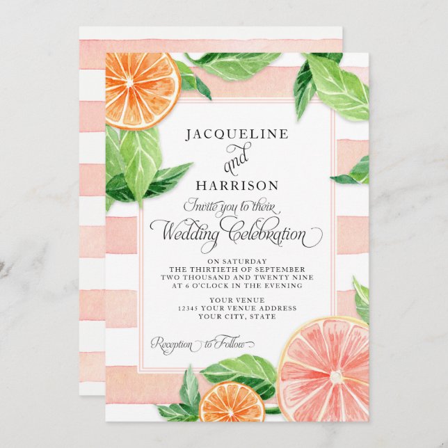 Modern Watercolor Citrus Pink Grapefruit Oranges Invitation (Front/Back)
