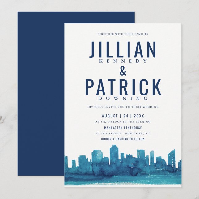 Modern Watercolor City Skyline Wedding  Invitation (Front/Back)