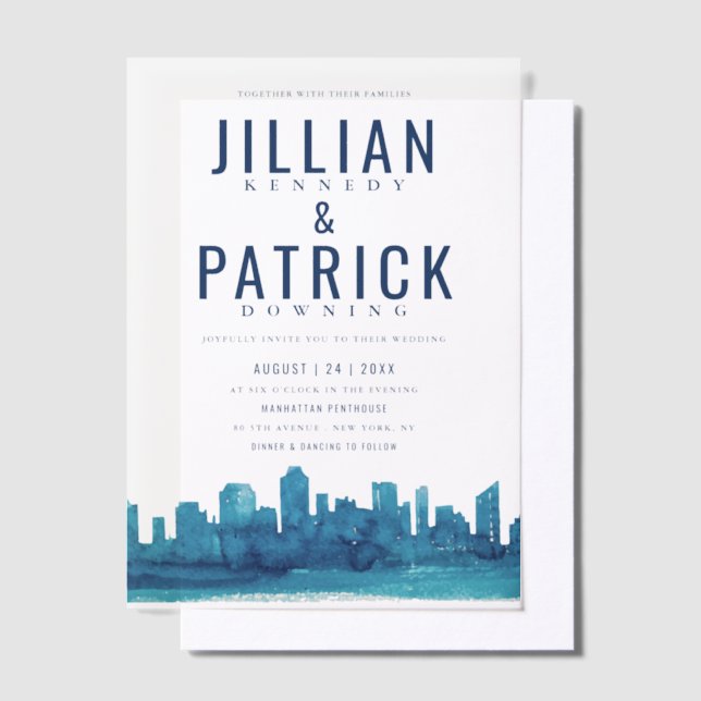 Modern Watercolor City Skyline Wedding Vellum Invitations (Offset)