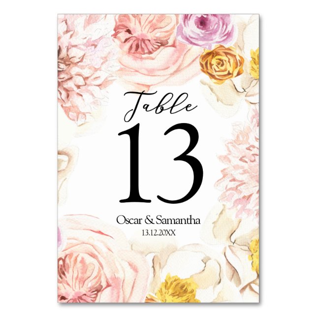 Modern Watercolor Colourful Floral Frame Table Number (Front)