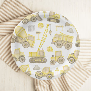 Modern Watercolor Construction Vehicle Birthday Paper Plate