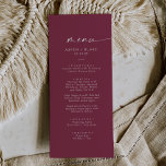 Modern Watercolor Coordinate | Red Wedding Menu<br><div class="desc">This modern watercolor coordinate red wedding dinner menu card is perfect for a stylish contemporary wedding. The simple burgundy red and white design features unique industrial lettering typography with modern boho style. Customisable in any colour. Keep the design minimal and elegant, as is, or personalise it by adding your own...</div>