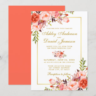 Modern Watercolor Coral Floral Gold Wedding Invitation