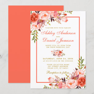 Modern Watercolor Coral Floral Gold Wedding Invitation