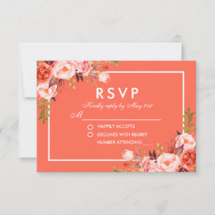 Modern Watercolor Coral Floral White RSVP Wedding