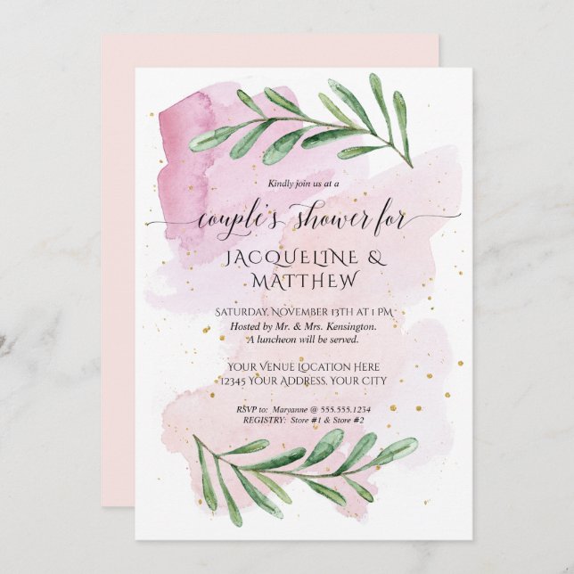 Modern Watercolor Couples Shower Eucalyptus Leaves Invitation (Front/Back)