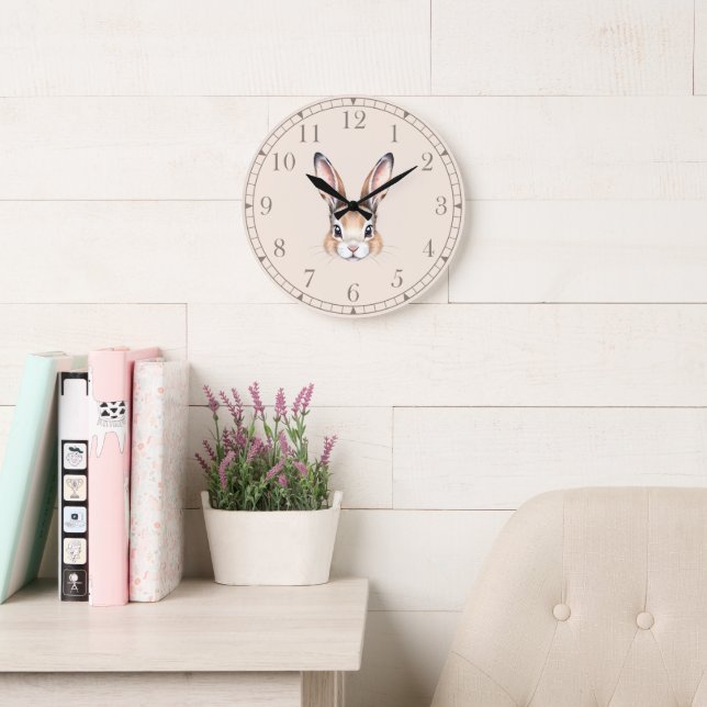 Modern Watercolor Cute Easter Bunny Face Neutral Large Clock (Reading Room)