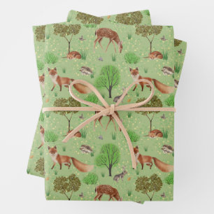 Modern Watercolor Cute Woodland Animals Meadow Wrapping Paper Sheet