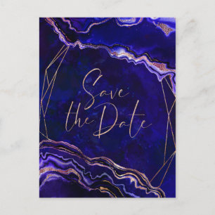 Modern Watercolor Deep Blue Agate Save The Date Invitation Postcard