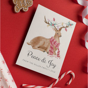Modern Watercolor Deer Peace and Joy Christmas Holiday Card