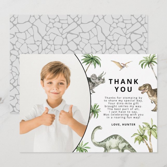 Modern Watercolor Dinosaur Birthday Thank You Card (Front/Back)