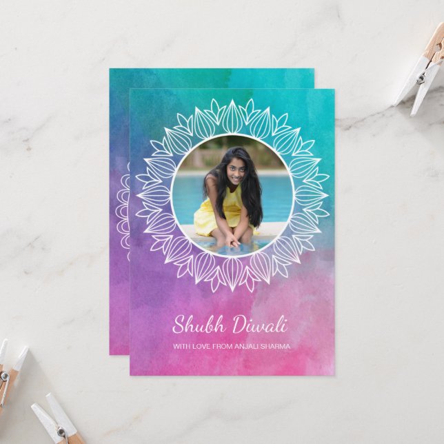 Modern Watercolor Diwali Photo Greeting Card (Front/Back In Situ)