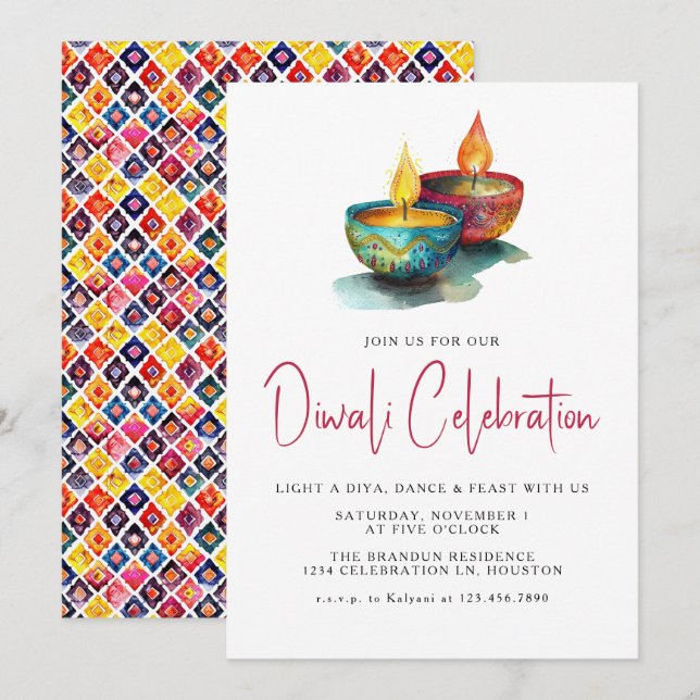 Modern Watercolor Diya Diwali Festival  Invitation (Front/Back)