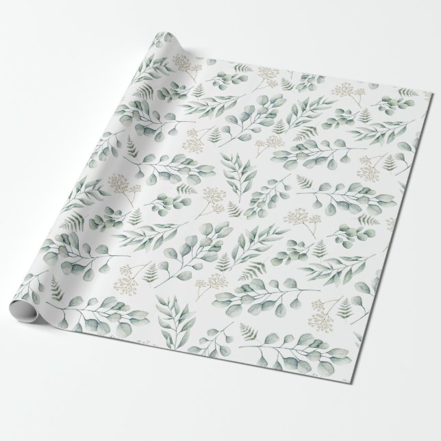 Modern Watercolor Eucalyptus and Ferns Pattern Wrapping Paper (Unrolled)