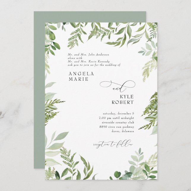 Modern Watercolor Eucalyptus Both Parents Sage Invitation (Front/Back)
