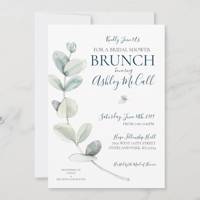 Modern Watercolor Eucalyptus Bridal Shower Invite (Front)