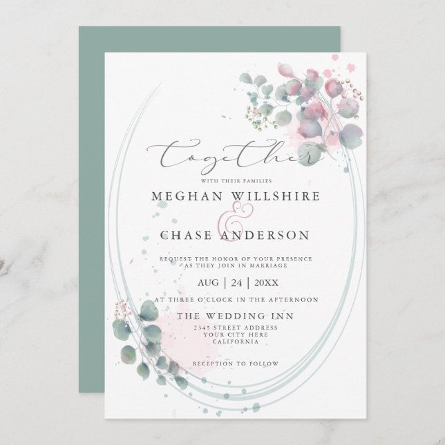 Modern Watercolor Eucalyptus Foliage BarefootBride Invitation (Front/Back)