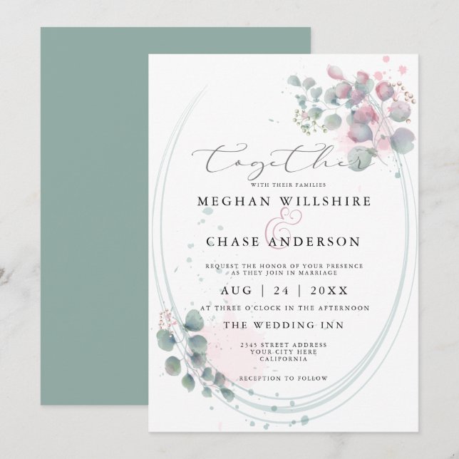 Modern Watercolor Eucalyptus Foliage BarefootBride Invitation (Front/Back)