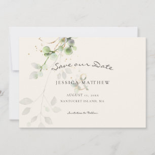 Modern Watercolor Eucalyptus   Gold Wedding Ecru Save The Date