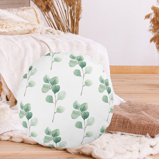 Modern Watercolor Eucalyptus Green Pattern Round Cushion (Creator Uploaded)